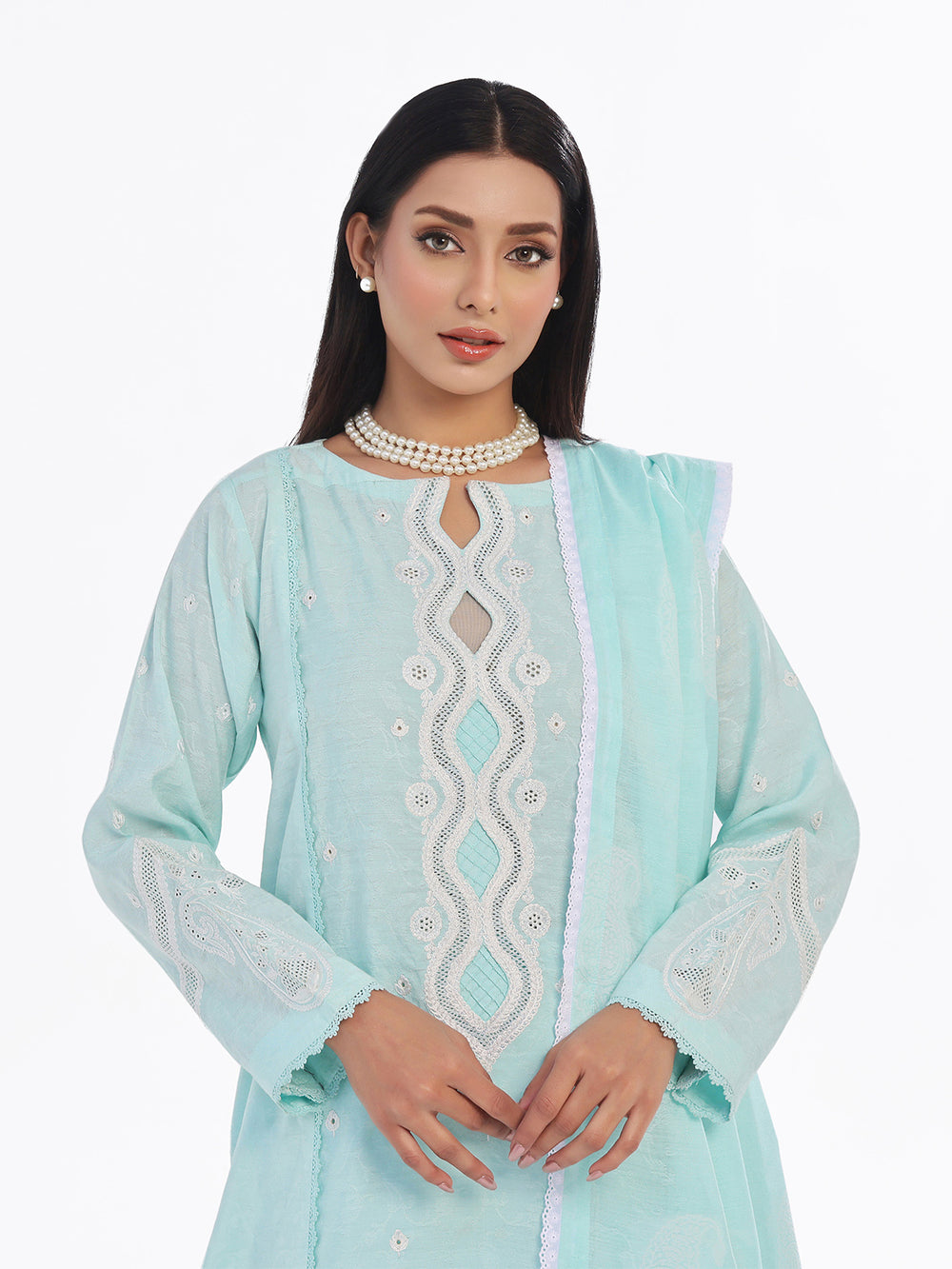 3Pc Embroidered Pret Suit Cotton Silk Jacquard Ferozi - OWE3P-2410004
