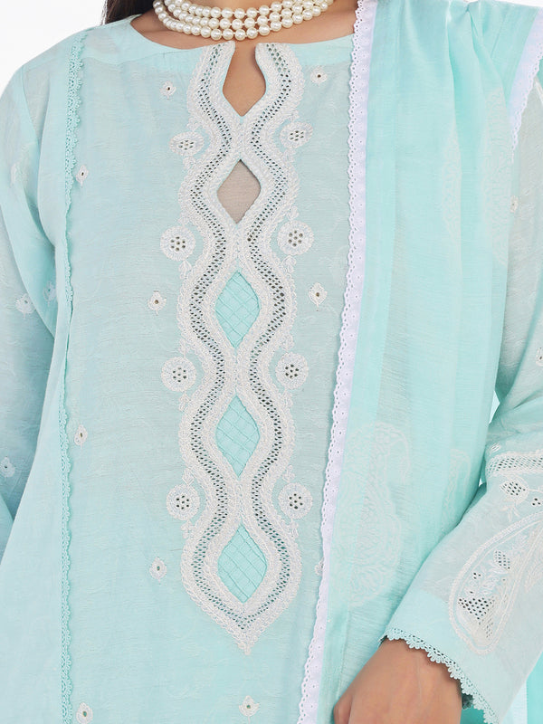 3Pc Embroidered Pret Suit Cotton Silk Jacquard Ferozi - OWE3P-2410004