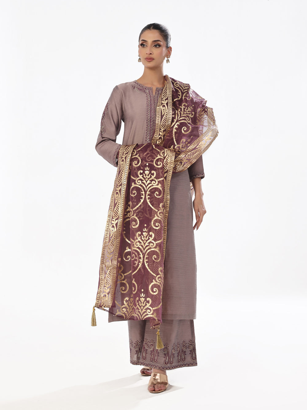 2Pc Embroidered Pret Shirt Trouser Cotton Silk Grey & Purple - OWE2P-2410007