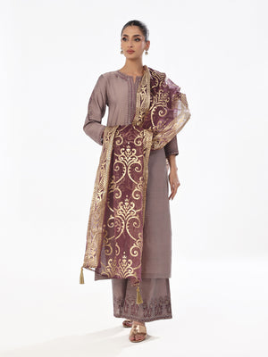 2Pc Embroidered Pret Shirt Trouser Cotton Silk Grey & Purple - OWE2P-2410007