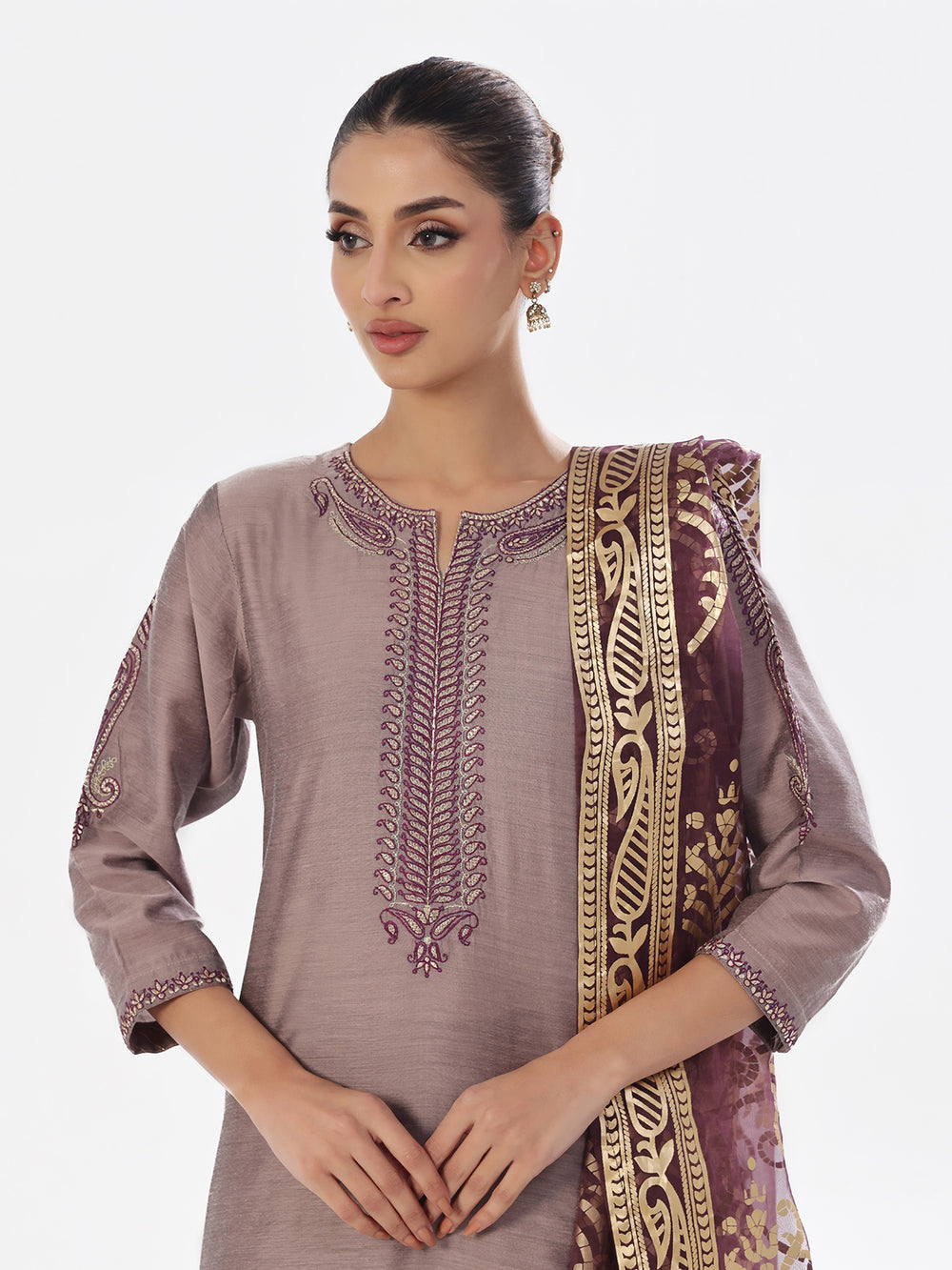 2Pc Embroidered Pret Shirt Trouser Cotton Silk Grey & Purple - OWE2P-2410007