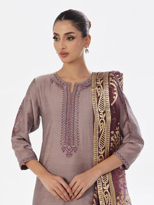 2Pc Embroidered Pret Shirt Trouser Cotton Silk Grey & Purple - OWE2P-2410007