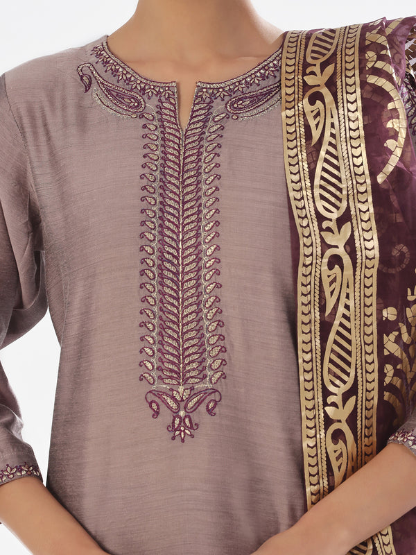 2Pc Embroidered Pret Shirt Trouser Cotton Silk Grey & Purple - OWE2P-2410007