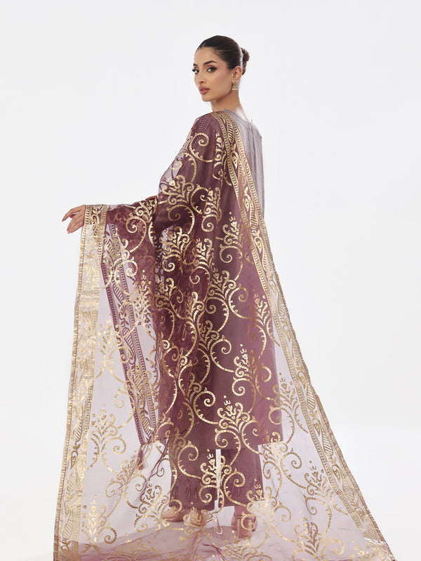 2Pc Embroidered Pret Shirt Trouser Cotton Silk Grey & Purple - OWE2P-2410007