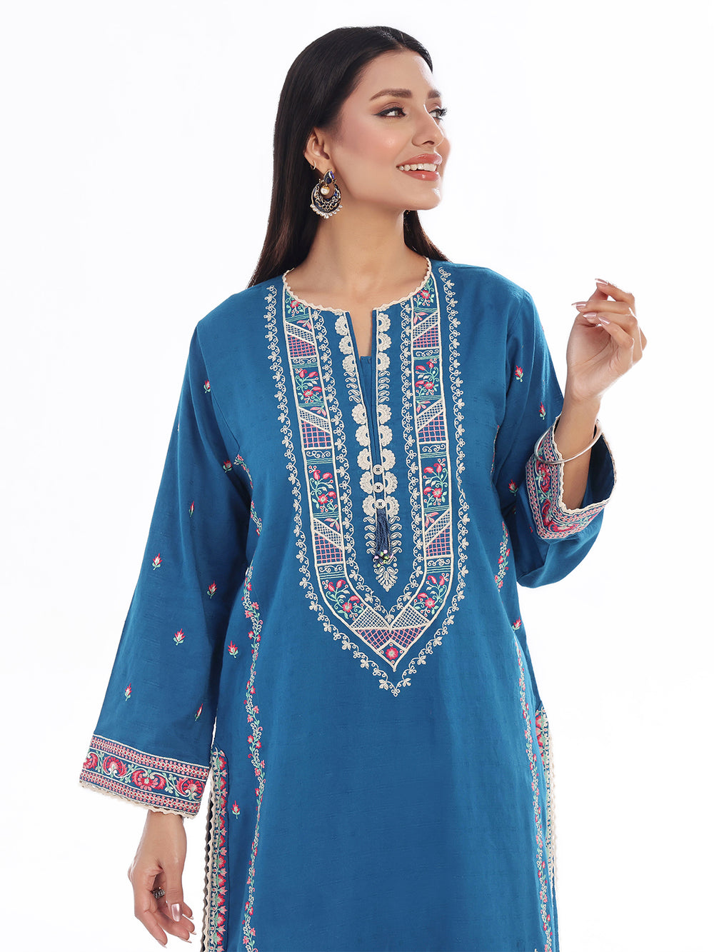 2Pc Embroidered Pret Shirt Trouser Dobby Teal - OWE2P-2405017