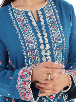 2Pc Embroidered Pret Shirt Trouser Dobby Teal - OWE2P-2405017