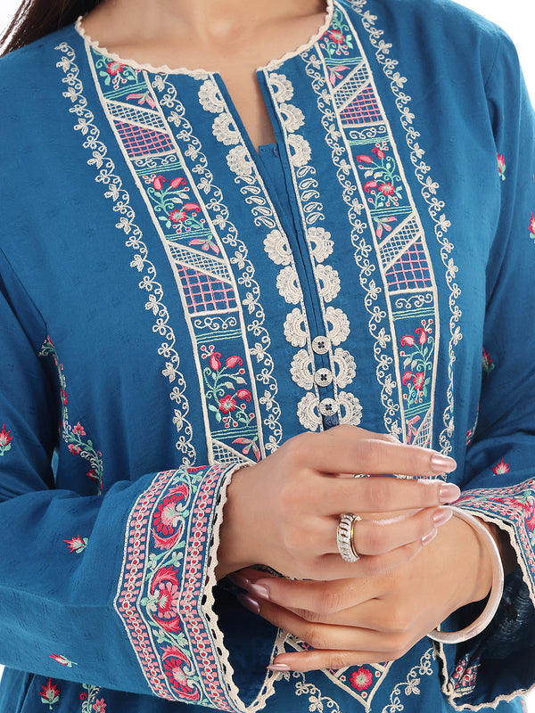 2Pc Embroidered Pret Shirt Trouser Dobby Teal - OWE2P-2405017