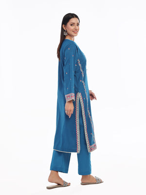 2Pc Embroidered Pret Shirt Trouser Dobby Teal - OWE2P-2405017