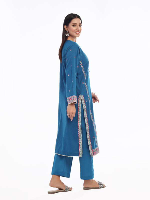 2Pc Embroidered Pret Shirt Trouser Dobby Teal - OWE2P-2405017