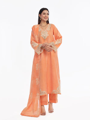 3Pc Embroidered Pret Suit Cotton Silk Jacquard Orange - OWE3P-2410005
