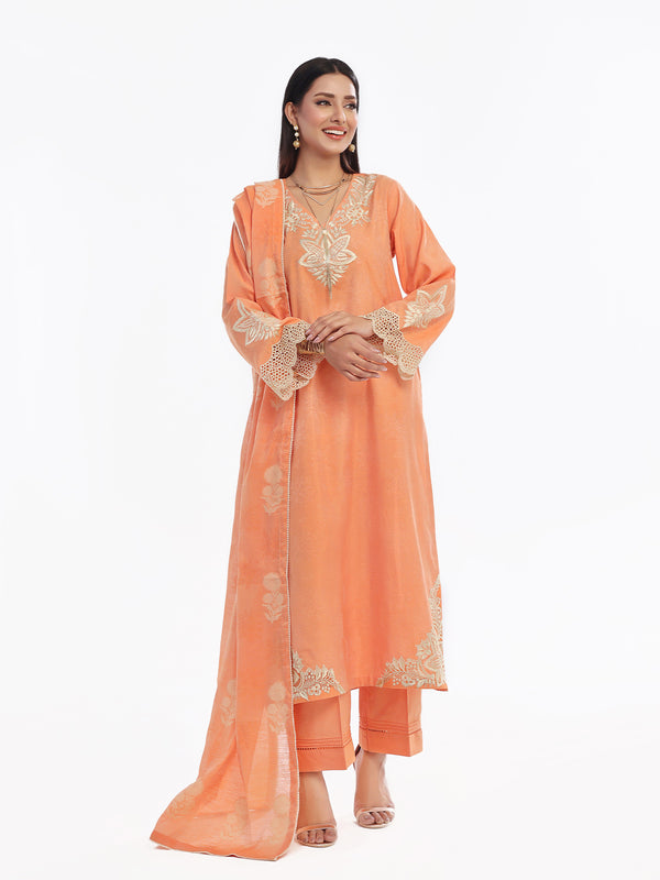 3Pc Embroidered Pret Suit Cotton Silk Jacquard Orange - OWE3P-2410005