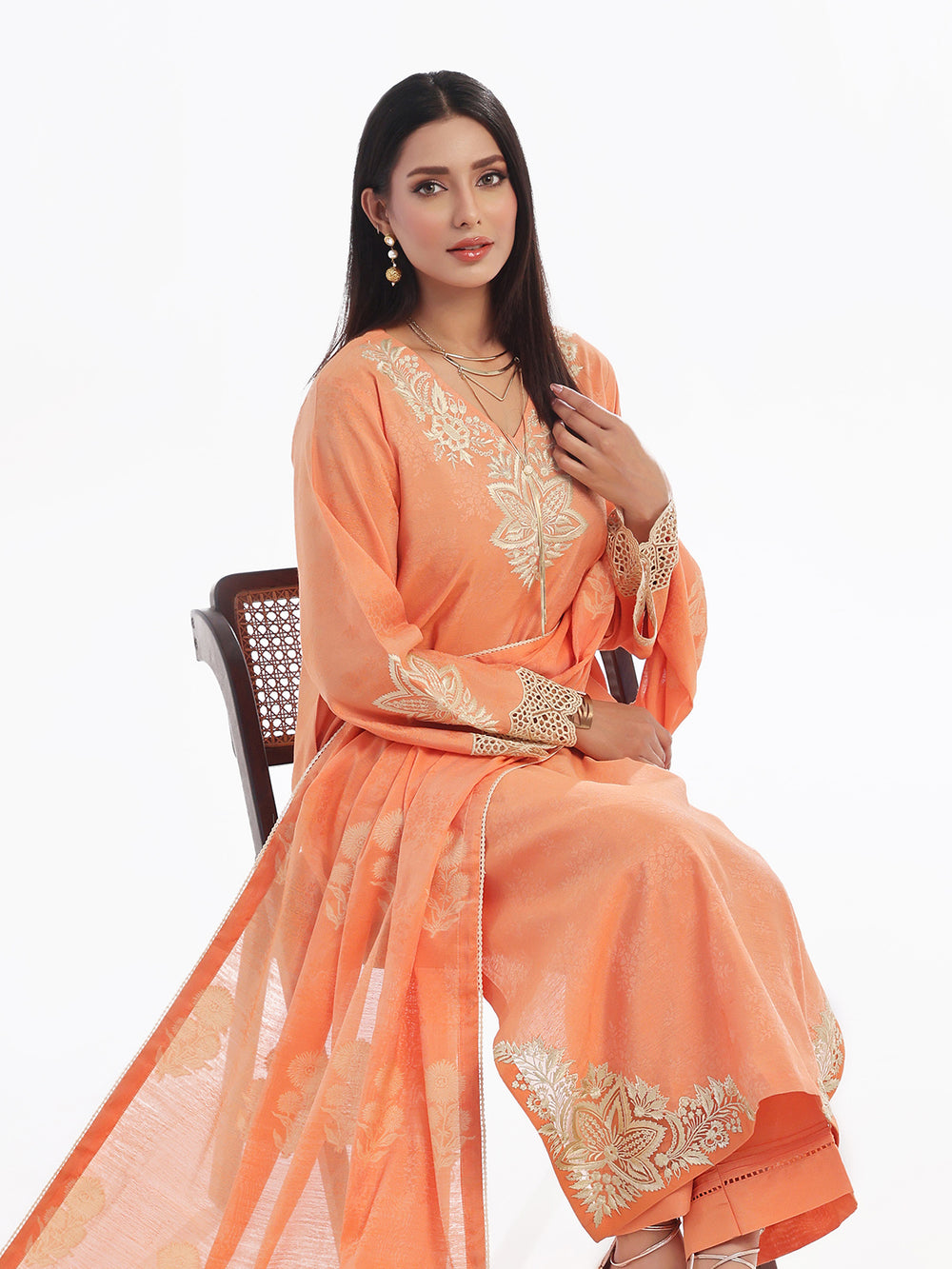 3Pc Embroidered Pret Suit Cotton Silk Jacquard Orange - OWE3P-2410005