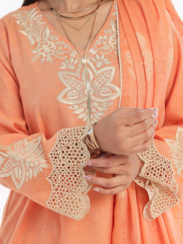 3Pc Embroidered Pret Suit Cotton Silk Jacquard Orange - OWE3P-2410005