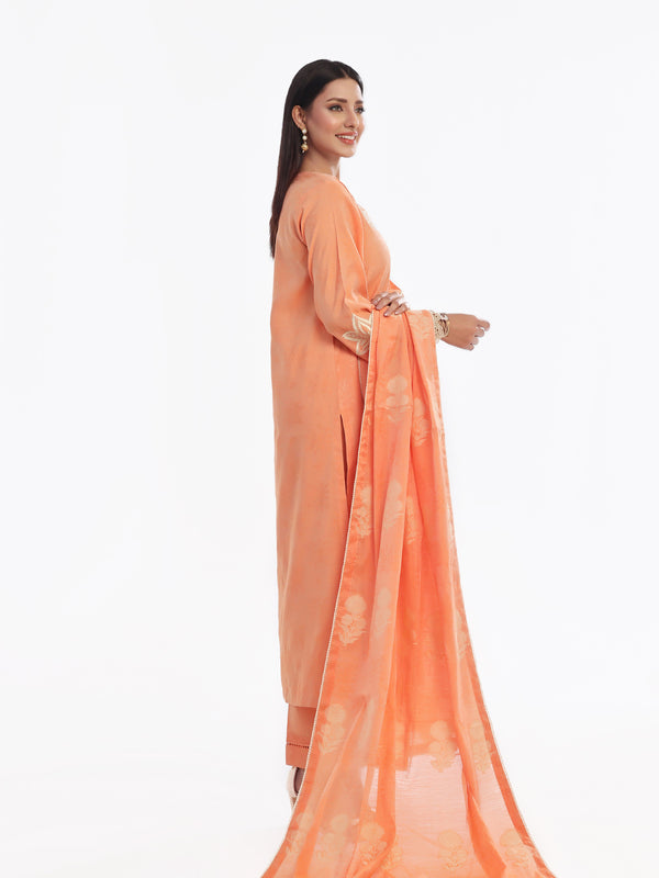 3Pc Embroidered Pret Suit Cotton Silk Jacquard Orange - OWE3P-2410005
