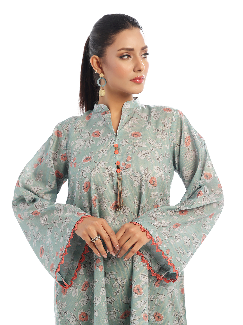 2Pc Printed Pret Shirt Trouser Maisoori Lawn Green & Orange - OW2P-2412021