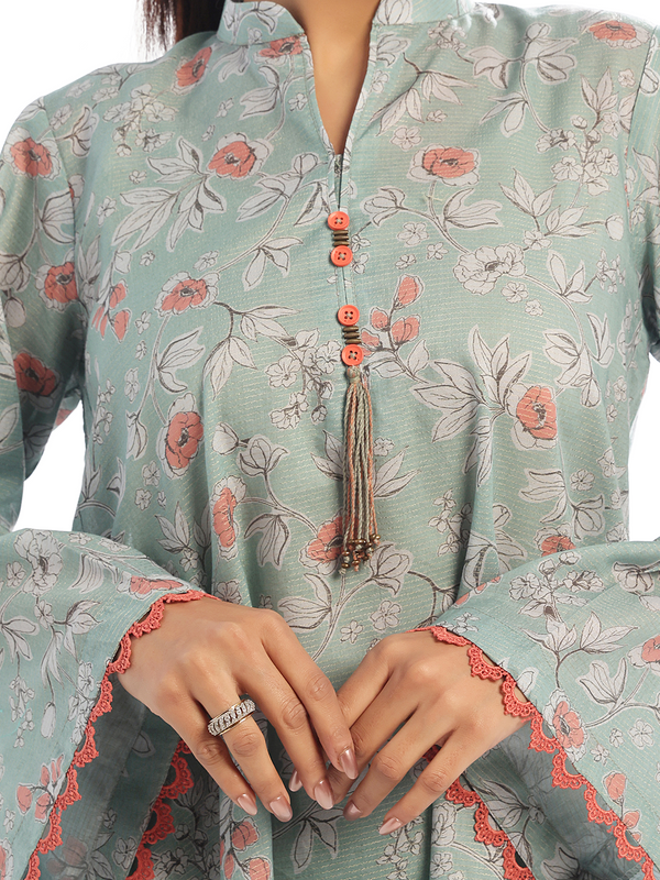 2Pc Printed Pret Shirt Trouser Maisoori Lawn Green & Orange - OW2P-2412021