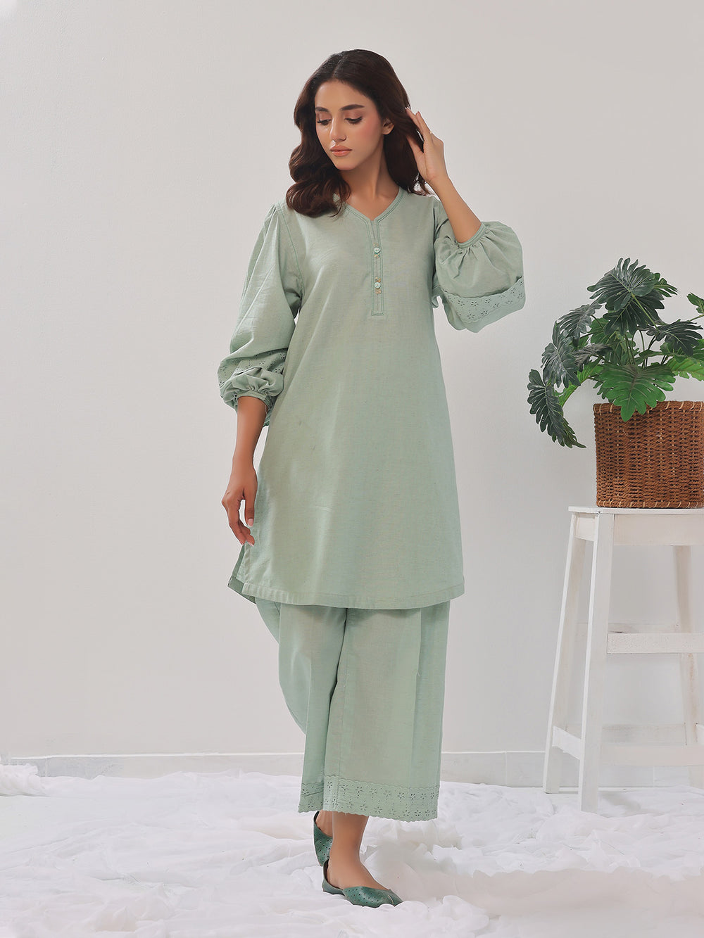 2PCs Solid Pret Shirt Trouser Cotton Texture Light Green - OW2PG-2407003