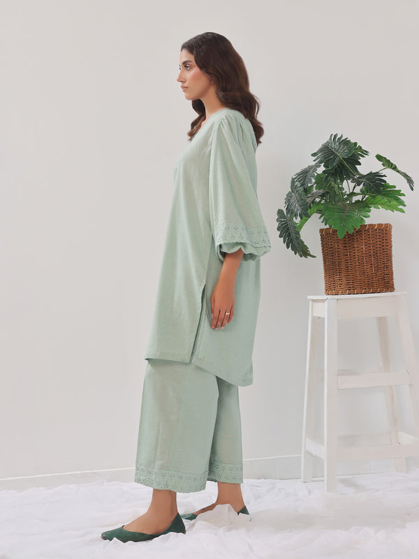 2PCs Solid Pret Shirt Trouser Cotton Texture Light Green - OW2PG-2407003
