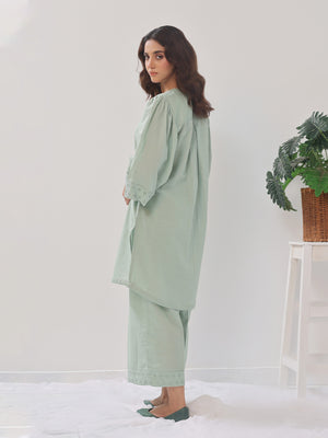 2PCs Solid Pret Shirt Trouser Cotton Texture Light Green - OW2PG-2407003