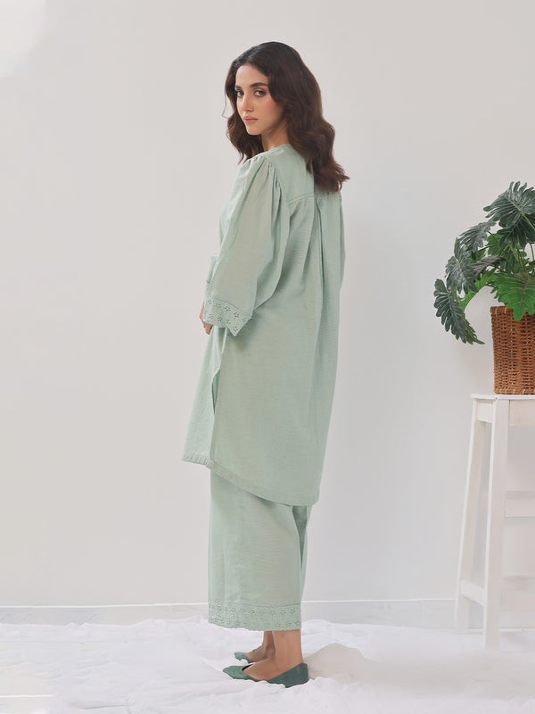 2PCs Solid Pret Shirt Trouser Cotton Texture Light Green - OW2PG-2407003
