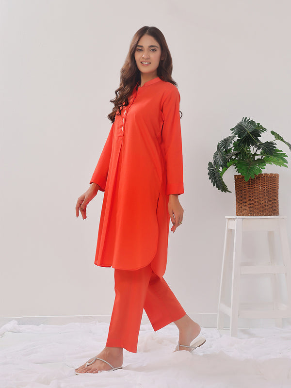 2PCs Solid Pret Shirt Trouser Cotton Texture Orange - OW2PG-2407006