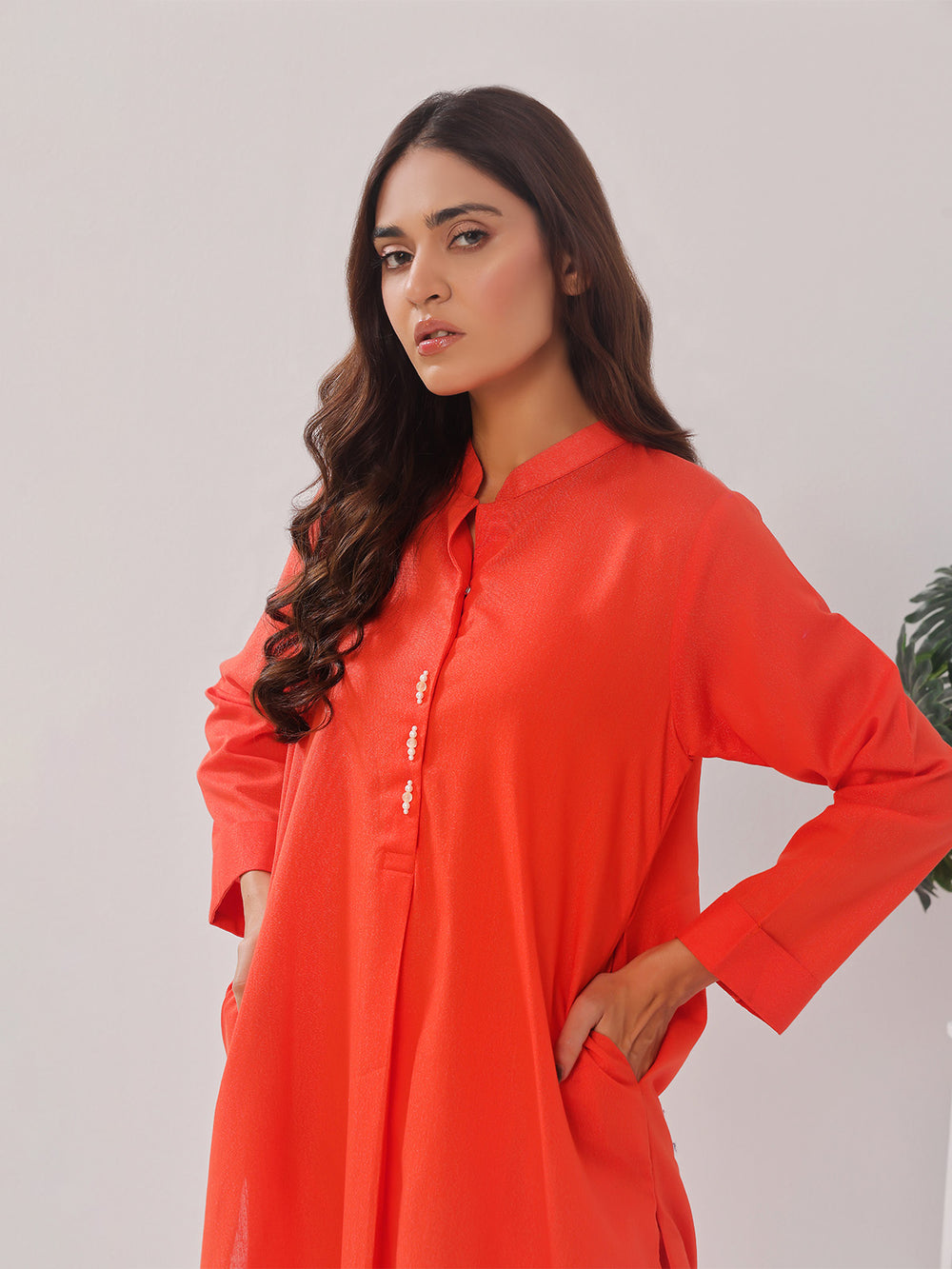 2PCs Solid Pret Shirt Trouser Cotton Texture Orange - OW2PG-2407006