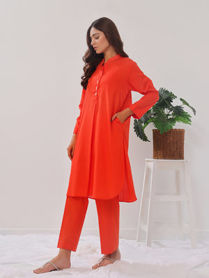 2PCs Solid Pret Shirt Trouser Cotton Texture Orange - OW2PG-2407006