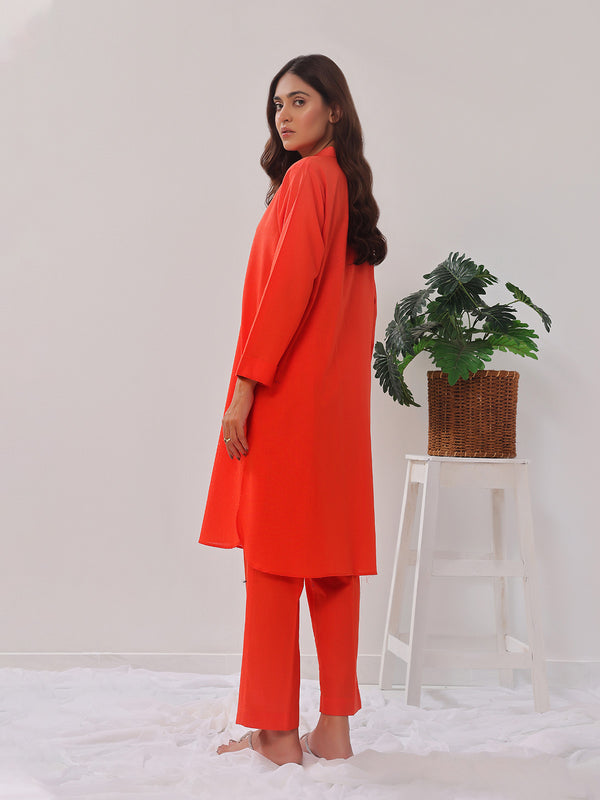 2PCs Solid Pret Shirt Trouser Cotton Texture Orange - OW2PG-2407006