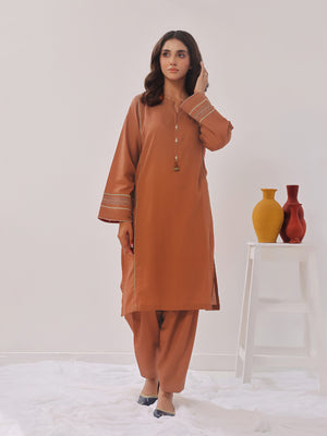 2PCs Solid Pret Shirt Trouser Cotton Texture Brown - OW2PG-2407007