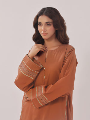 2PCs Solid Pret Shirt Trouser Cotton Texture Brown - OW2PG-2407007