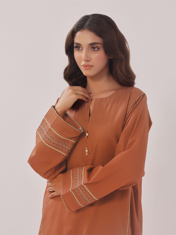 2PCs Solid Pret Shirt Trouser Cotton Texture Brown - OW2PG-2407007