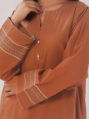2PCs Solid Pret Shirt Trouser Cotton Texture Brown - OW2PG-2407007