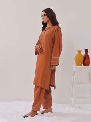 2PCs Solid Pret Shirt Trouser Cotton Texture Brown - OW2PG-2407007
