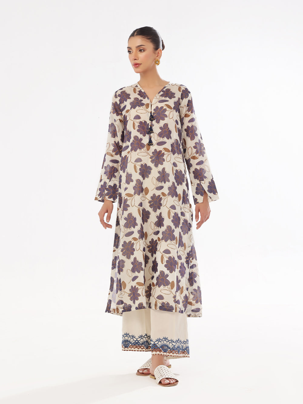 2Pc Printed Pret Shirt Trouser Masoori Lawn Beige & Blue - OWE2P-2412007