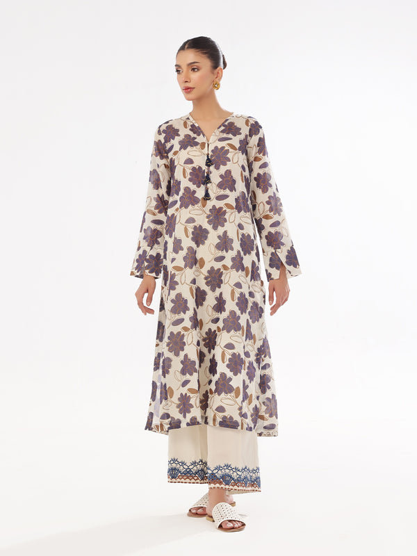 2Pc Printed Pret Shirt Trouser Masoori Lawn Beige & Blue - OWE2P-2412007