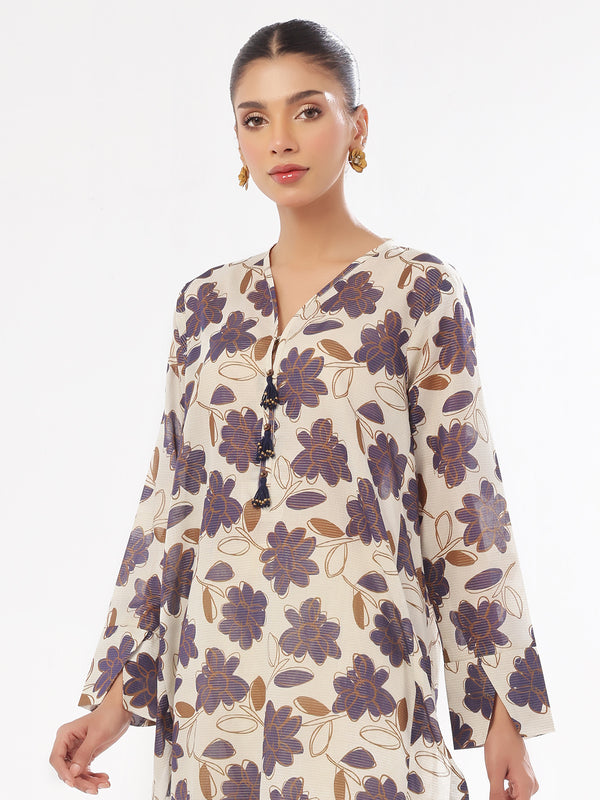 2Pc Printed Pret Shirt Trouser Masoori Lawn Beige & Blue - OWE2P-2412007