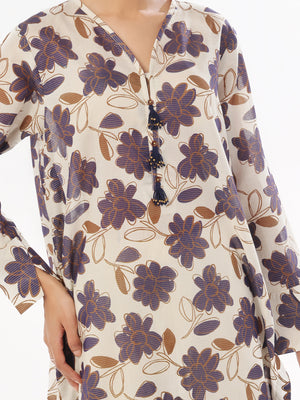 2Pc Printed Pret Shirt Trouser Masoori Lawn Beige & Blue - OWE2P-2412007