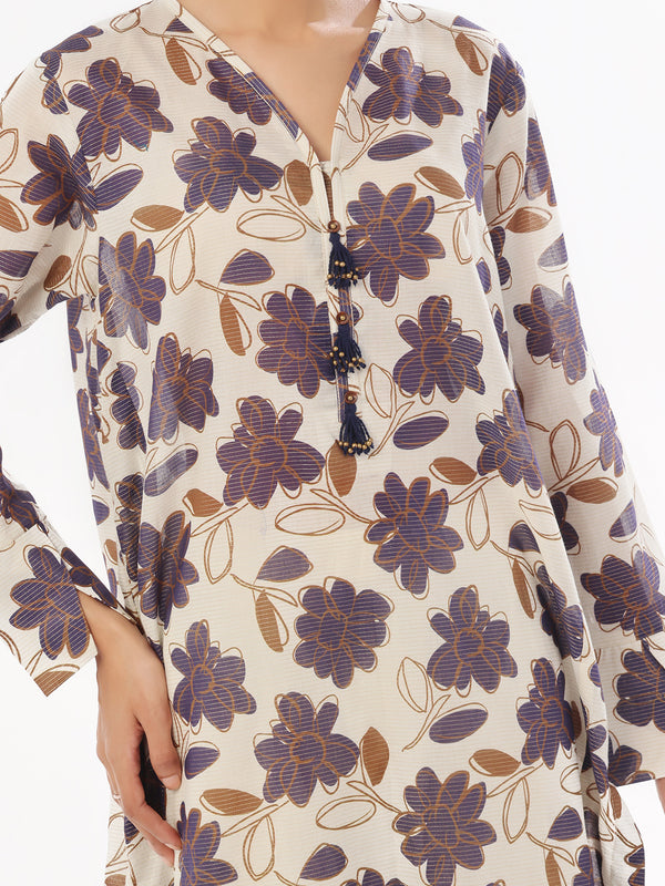 2Pc Printed Pret Shirt Trouser Masoori Lawn Beige & Blue - OWE2P-2412007