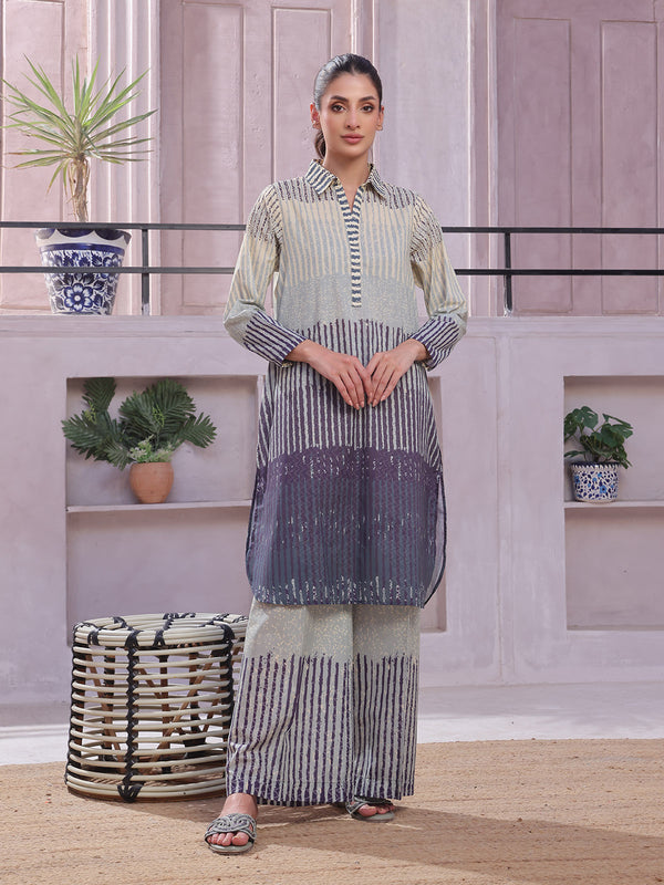 2Pc Printed Pret & Unstitched Shirt Trouser Lawn Beige & Blue