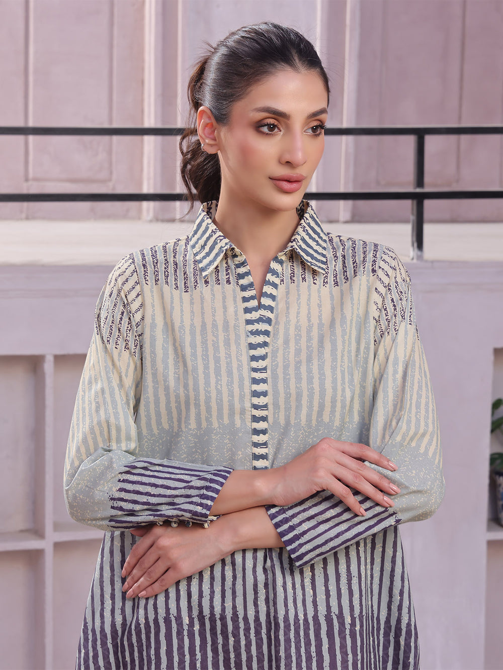 2Pc Printed Pret & Unstitched Shirt Trouser Lawn Beige & Blue