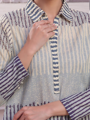 2Pc Printed Pret & Unstitched Shirt Trouser Lawn Beige & Blue