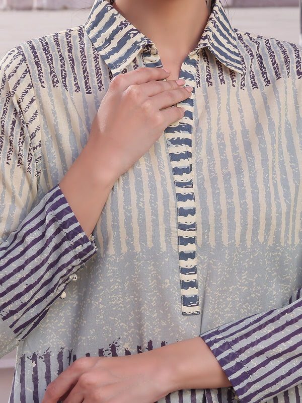 2Pc Printed Pret & Unstitched Shirt Trouser Lawn Beige & Blue