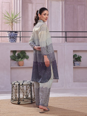 2Pc Printed Pret & Unstitched Shirt Trouser Lawn Beige & Blue