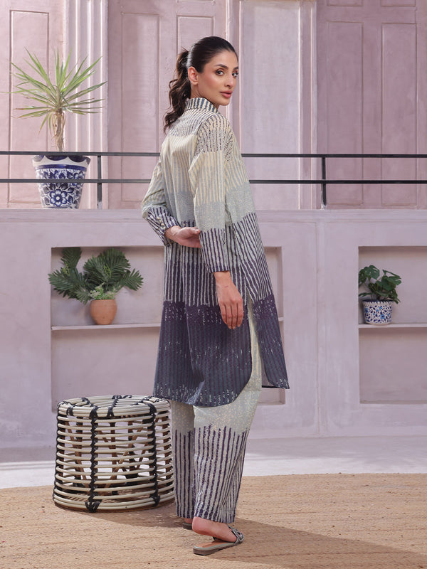 2Pc Printed Pret & Unstitched Shirt Trouser Lawn Beige & Blue