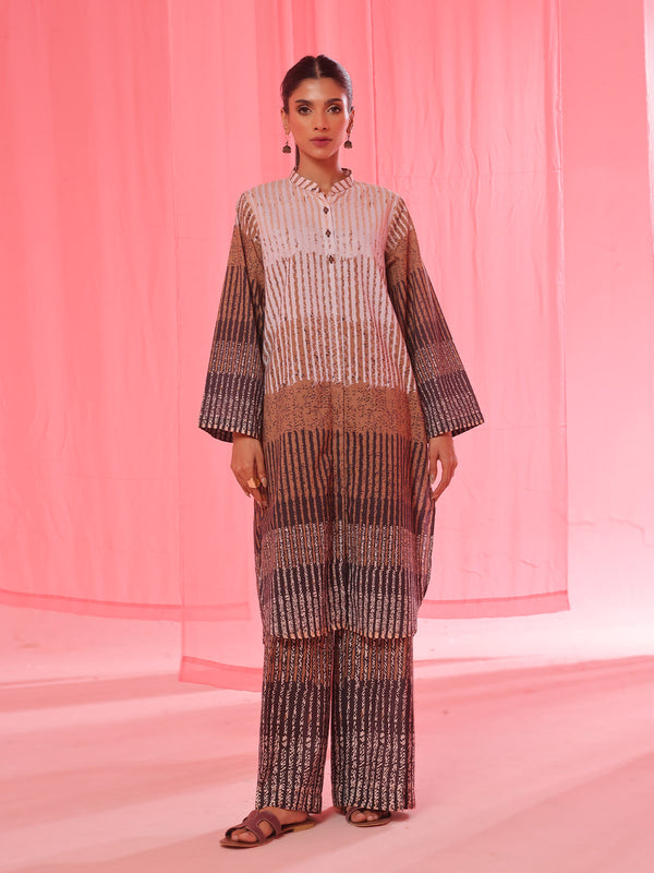 2Pc Printed Pret & Unstitched Shirt Trouser Lawn Beige & Brown