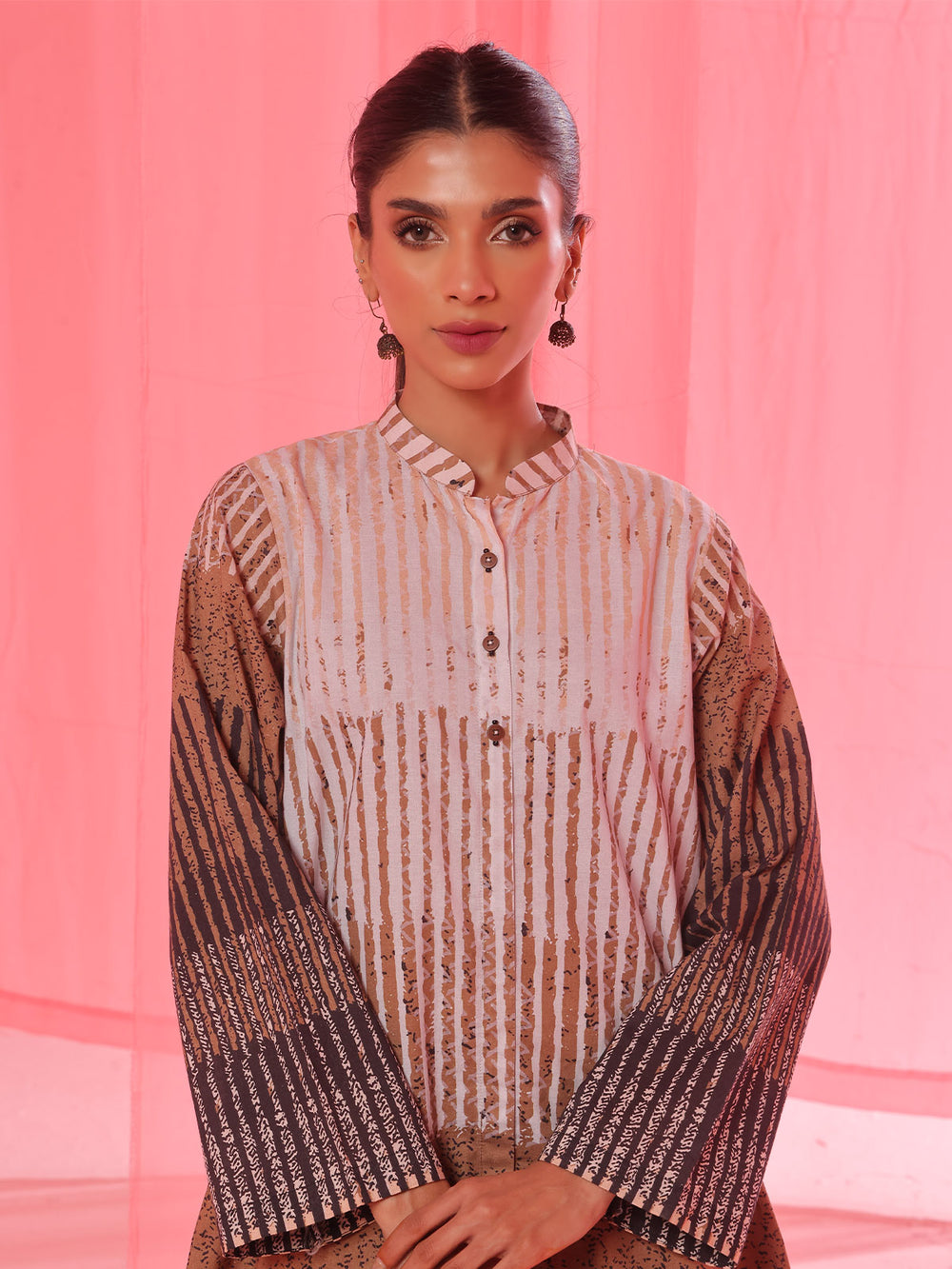 2Pc Printed Pret & Unstitched Shirt Trouser Lawn Beige & Brown