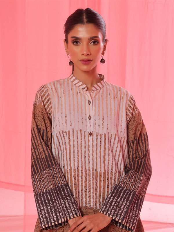 2Pc Printed Pret & Unstitched Shirt Trouser Lawn Beige & Brown