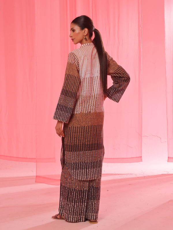 2Pc Printed Pret & Unstitched Shirt Trouser Lawn Beige & Brown