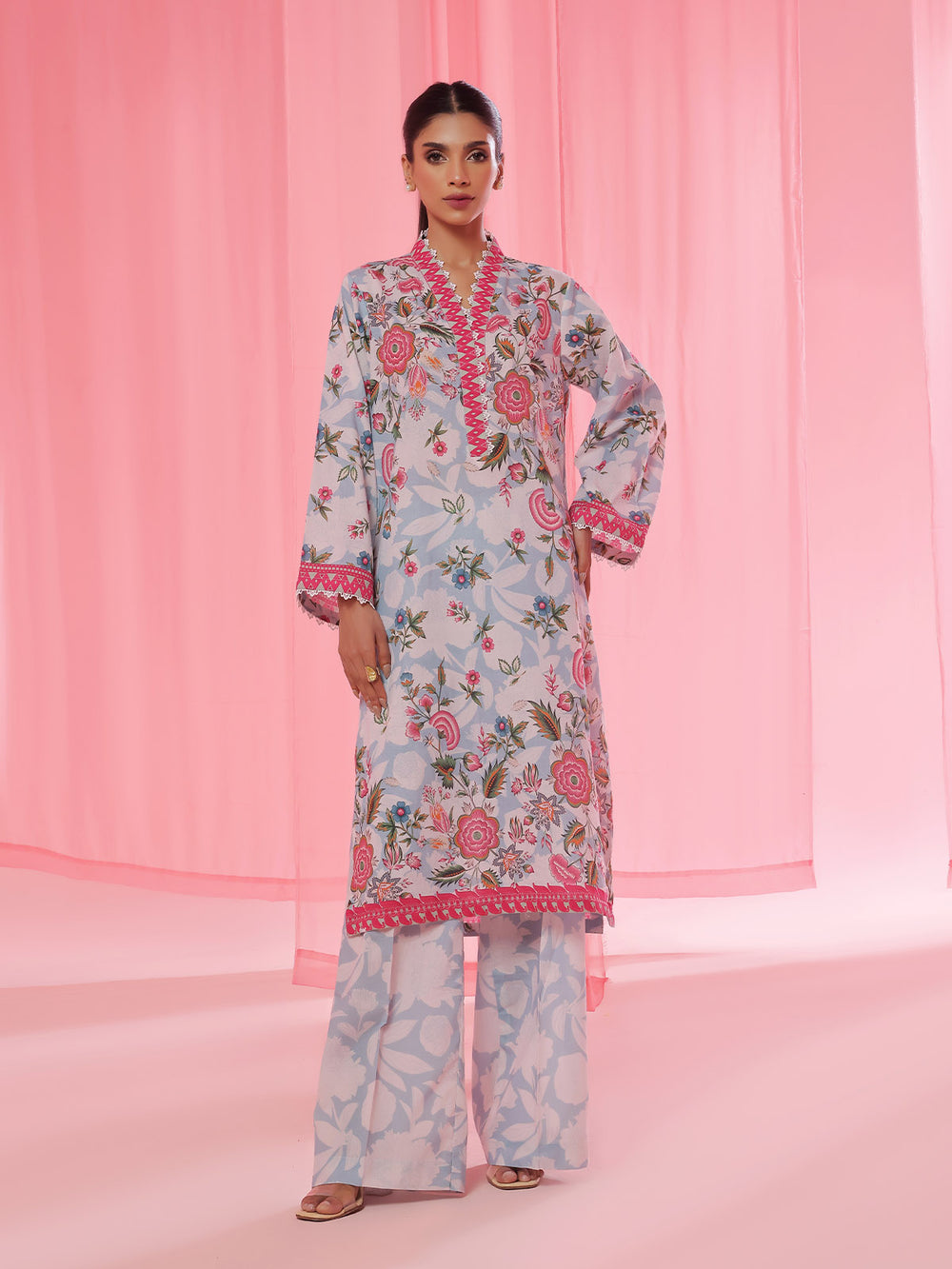 2Pc Printed Pret & Unstitched Shirt Trouser Lawn Ferozi