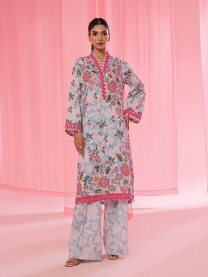 2Pc Printed Pret & Unstitched Shirt Trouser Lawn Ferozi